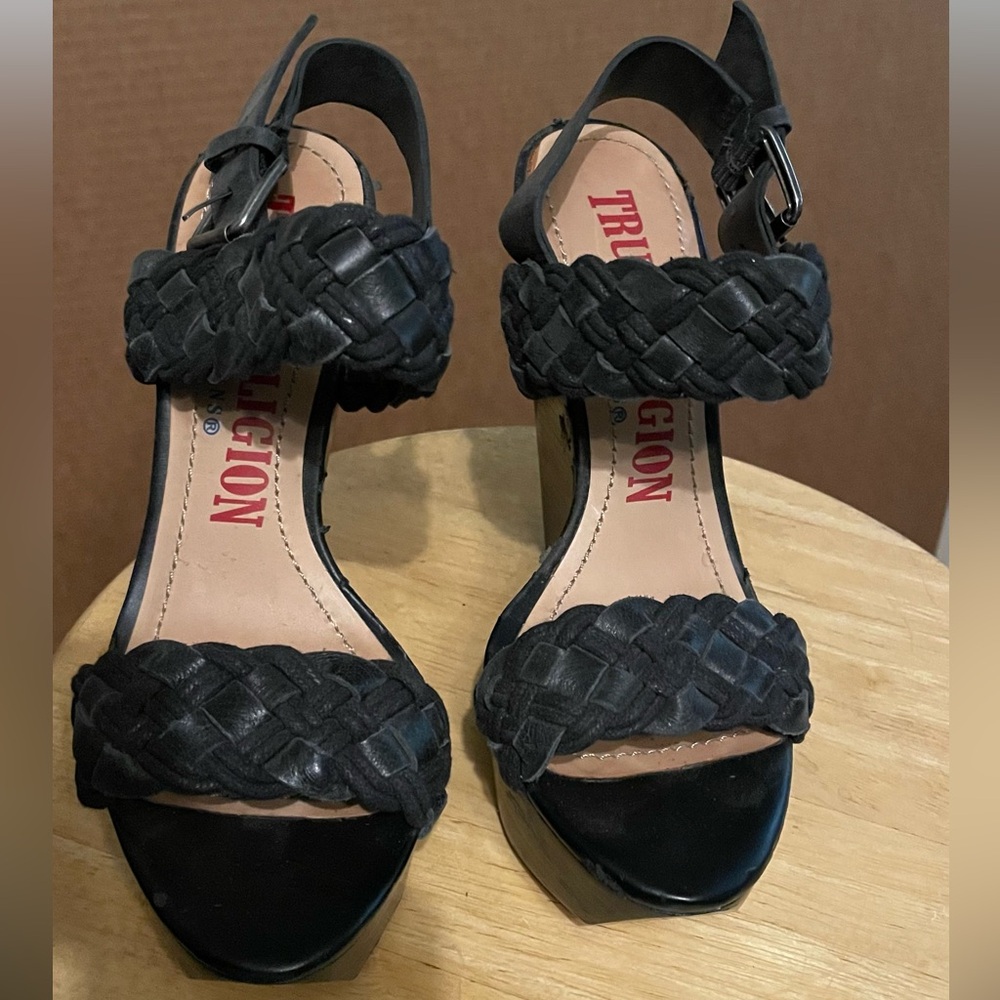 True Religion Black Braided Wedge Sandals